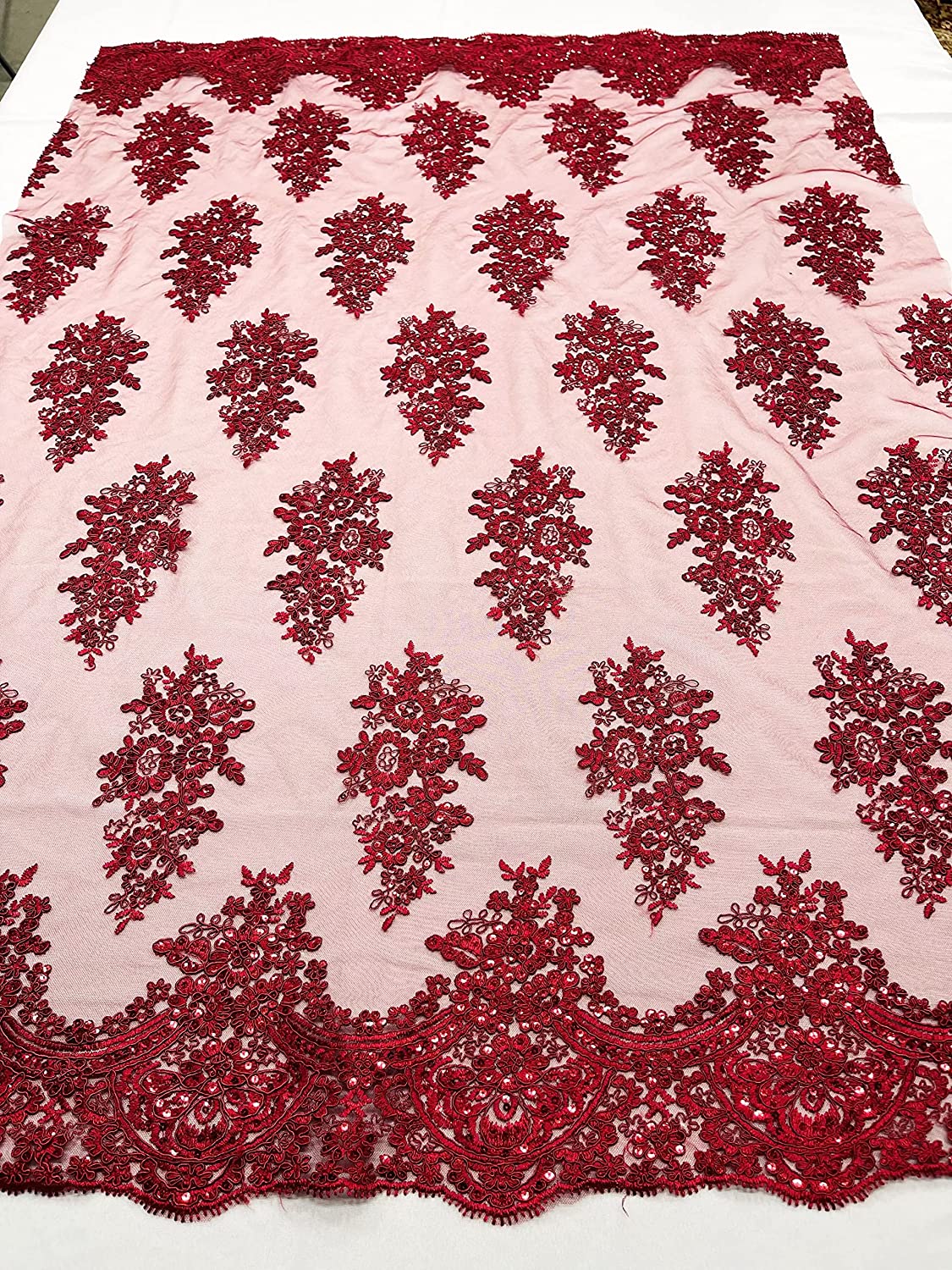 52/58" Wide Lexxi Embroidered with Clear Sequins On A Mesh Lace Fabric, Prom Fabric by The Yard (1 Yard, Burgundy)