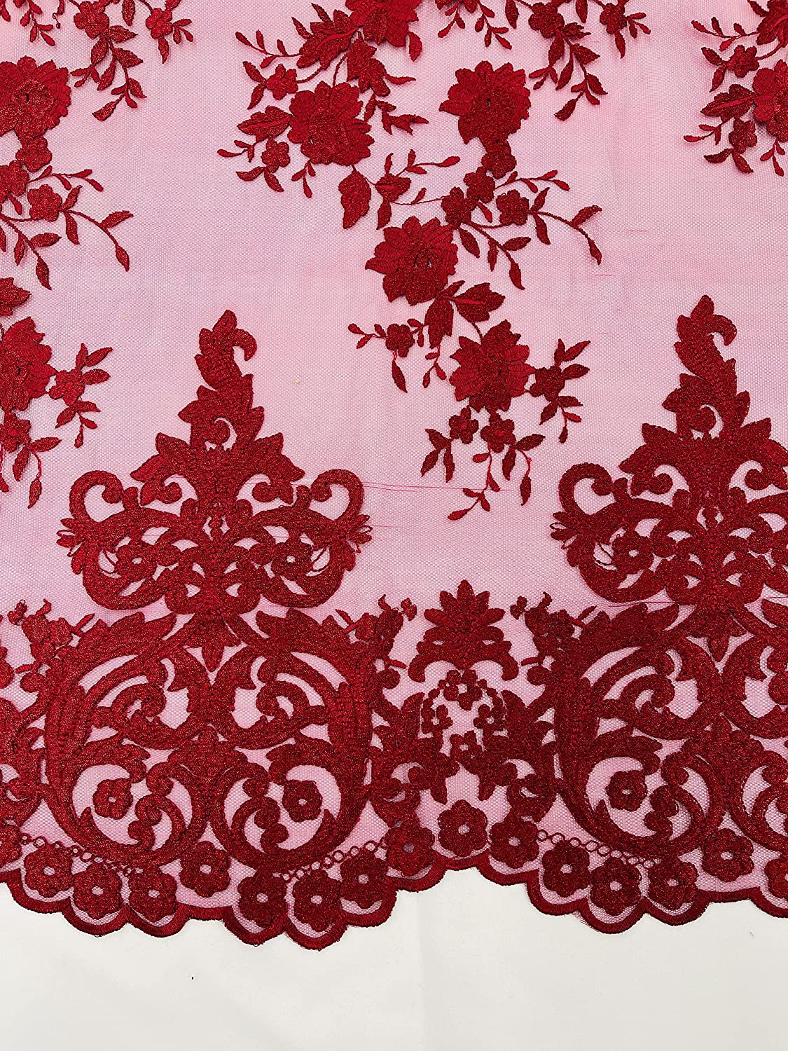 54" Wide Elegant Flower Damask Flat Lace Embroidery On A Mesh (1 Yard, Burgundy)