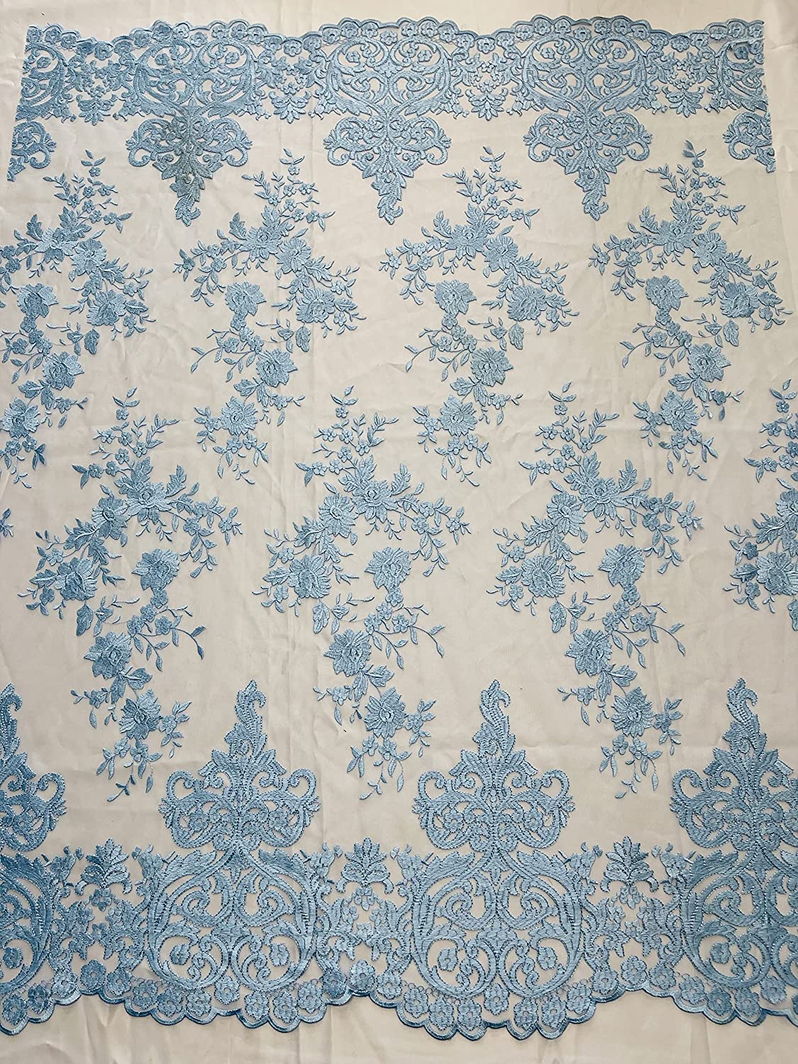 54" Wide Elegant Flower Damask Flat Lace Embroidery On A Mesh (1 Yard, Light Blue)