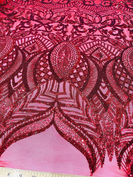 Iridescent Royalty Design On A 4 Way Stretch Mesh/Prom Fabric (1 Yard, Red on Red Mesh)