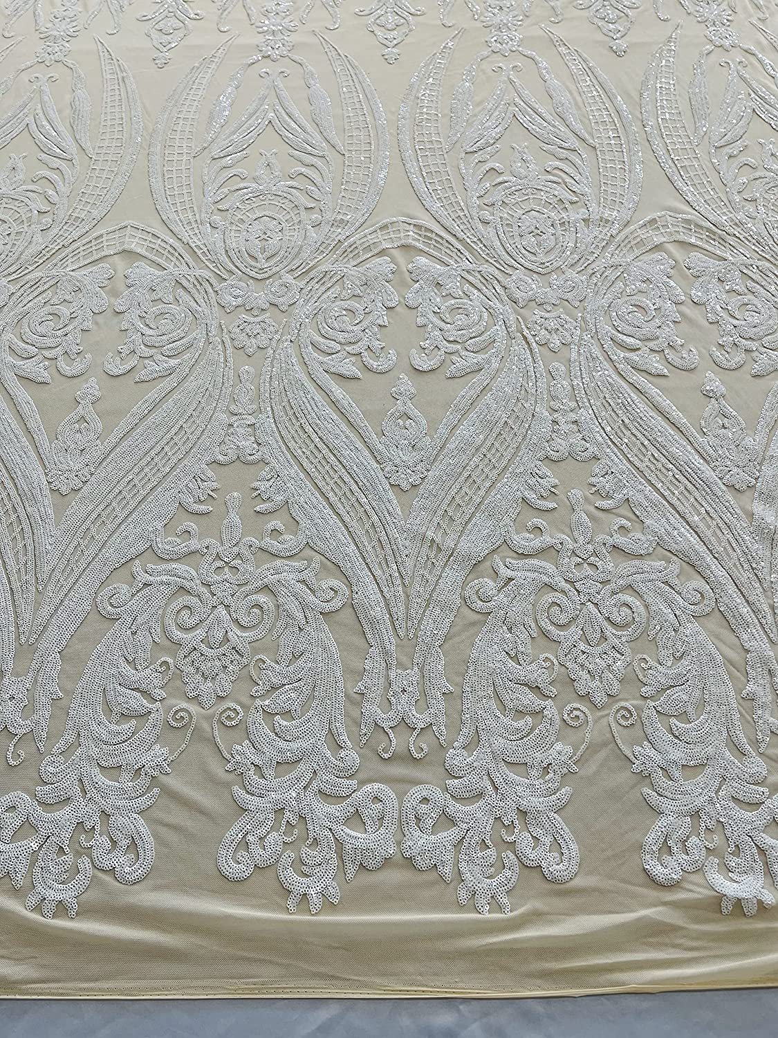 Empire Damask Design with Sequins Embroider On A 4 Way Stretch Mesh Fabric (1 Yard, White on Light Nude Mesh)