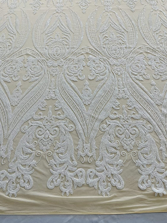 Empire Damask Design with Sequins Embroider On A 4 Way Stretch Mesh Fabric (1 Yard, White on Light Nude Mesh)