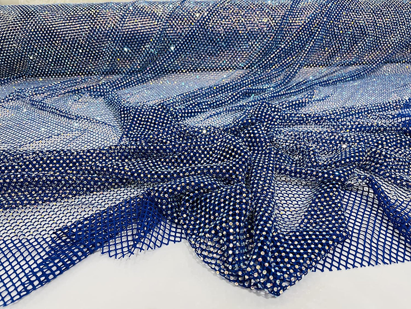 45" Wide AB Iridescent Rhinestone On Soft Stretch Fish Net Fabric by The Yard (1 Yard, Iridescent Rhinestones on Royal Blue Mesh)