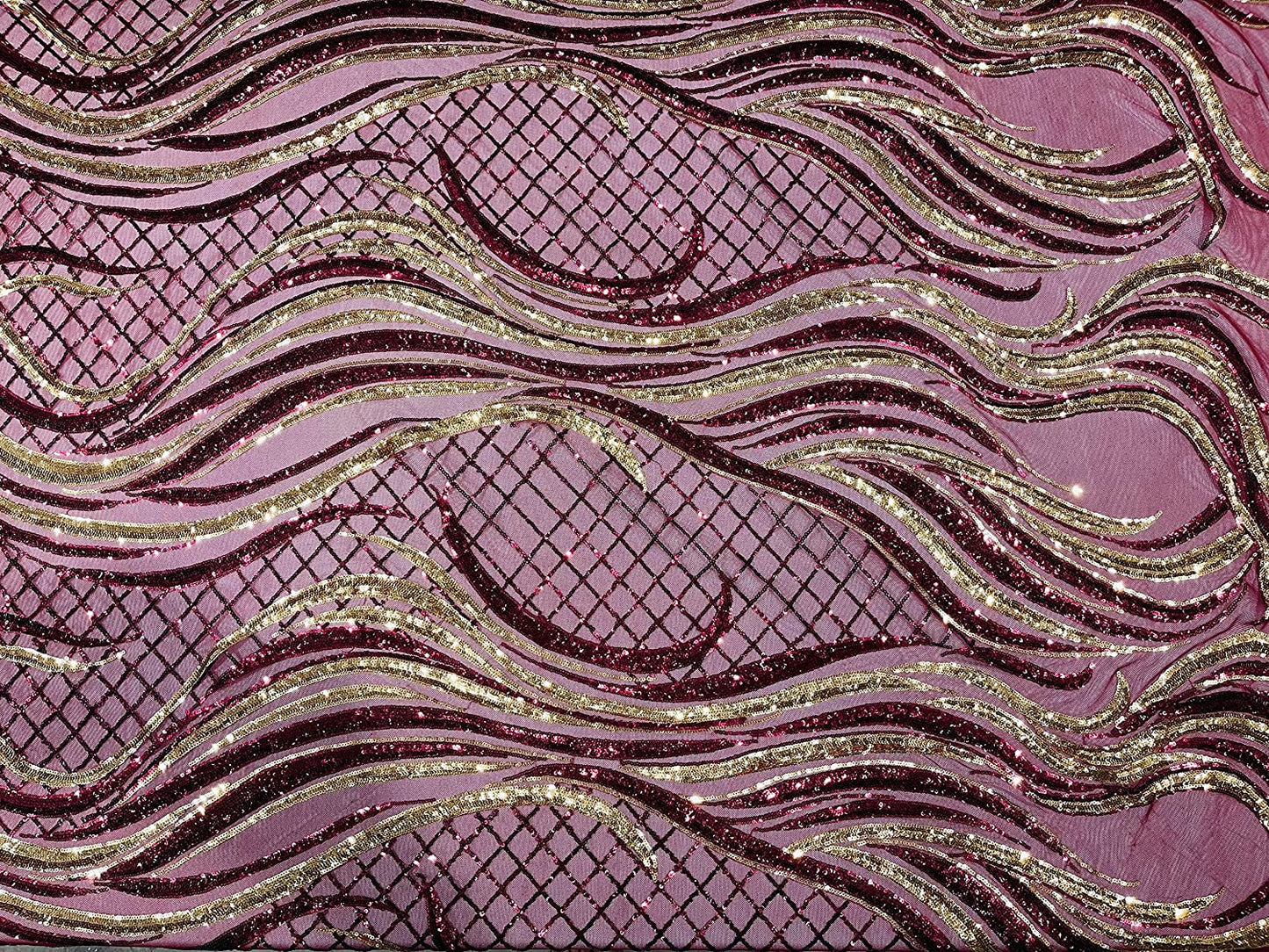 Sequin Flame Design On A 4 Way Stretch Mesh Fabric by The Yard (1 Yard, Gold/Burgundy)