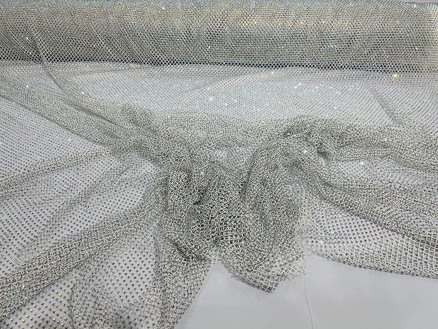 45" Wide AB Iridescent Rhinestone On Soft Stretch Fish Net Fabric by The Yard (1 Yard, Iridescent Rhinestones on White Mesh)