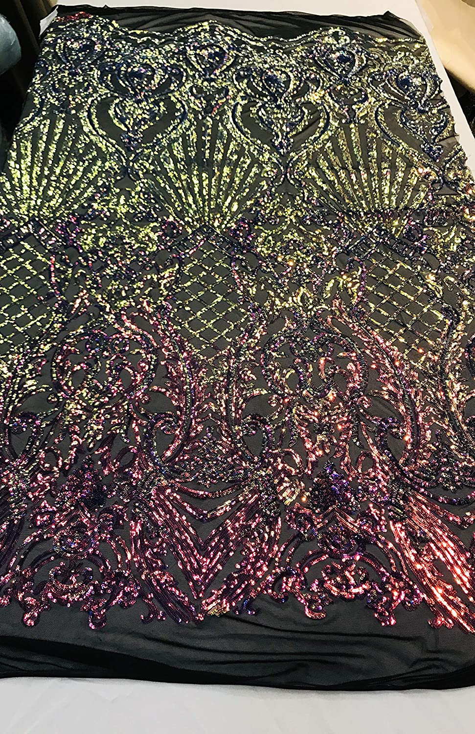 Damask Sequins Design on a 4 Way Stretch Mesh Fabric - for Night Gowns - Prom Dresses - (Rainbow Iridescent on Black, 1 Yard)