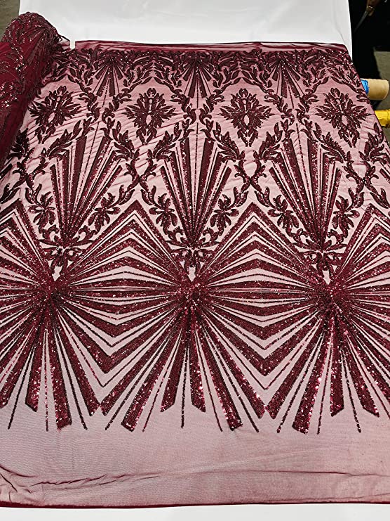 Diamond Damask Design On A Nude 4 Way Stretch Mesh/Prom Fabric (1 Yard, Burgundy)