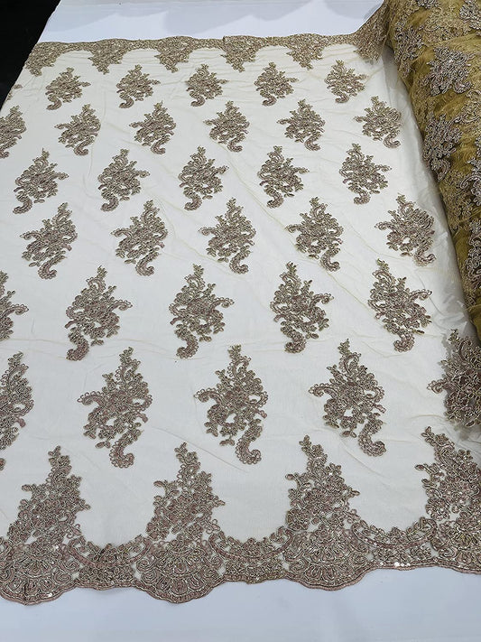 50" Wide New Floral Design Embroidery On A Mesh Lace with Sequins and Cord (1 Yard, Metallic Rose Gold)