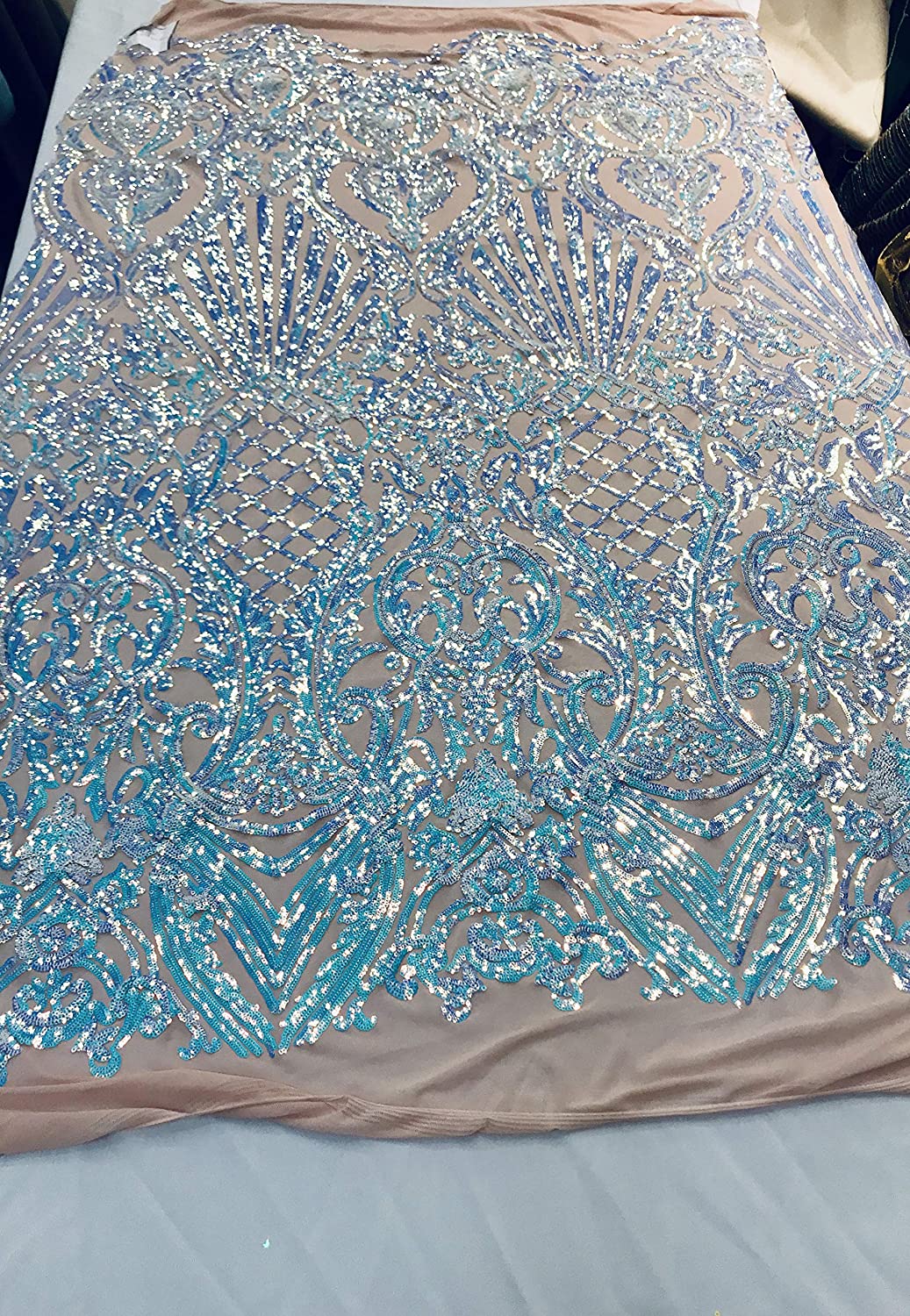 Damask Sequins Design on a 4 Way Stretch Mesh Fabric - for Night Gowns - Prom Dresses - (Aqua Iridescent on Nude, 1 Yard)