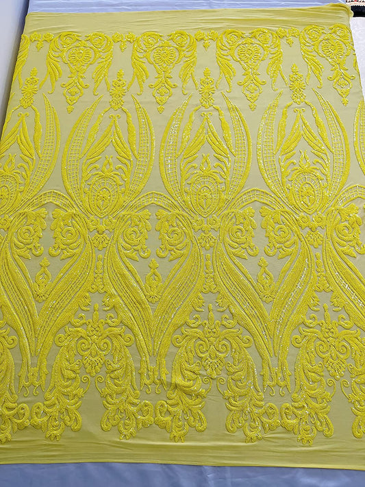 Empire Damask Design with Sequins Embroider On A 4 Way Stretch Mesh Fabric (1 Yard, Bright Yellow)