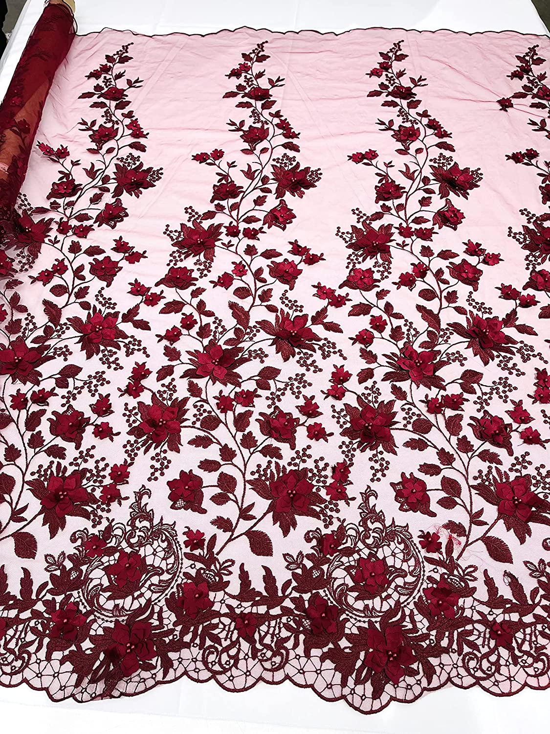 Emily 3-D Floral Design Embroider with Pearls On A Mesh Lace Fabric (1 Yard, Burgundy)