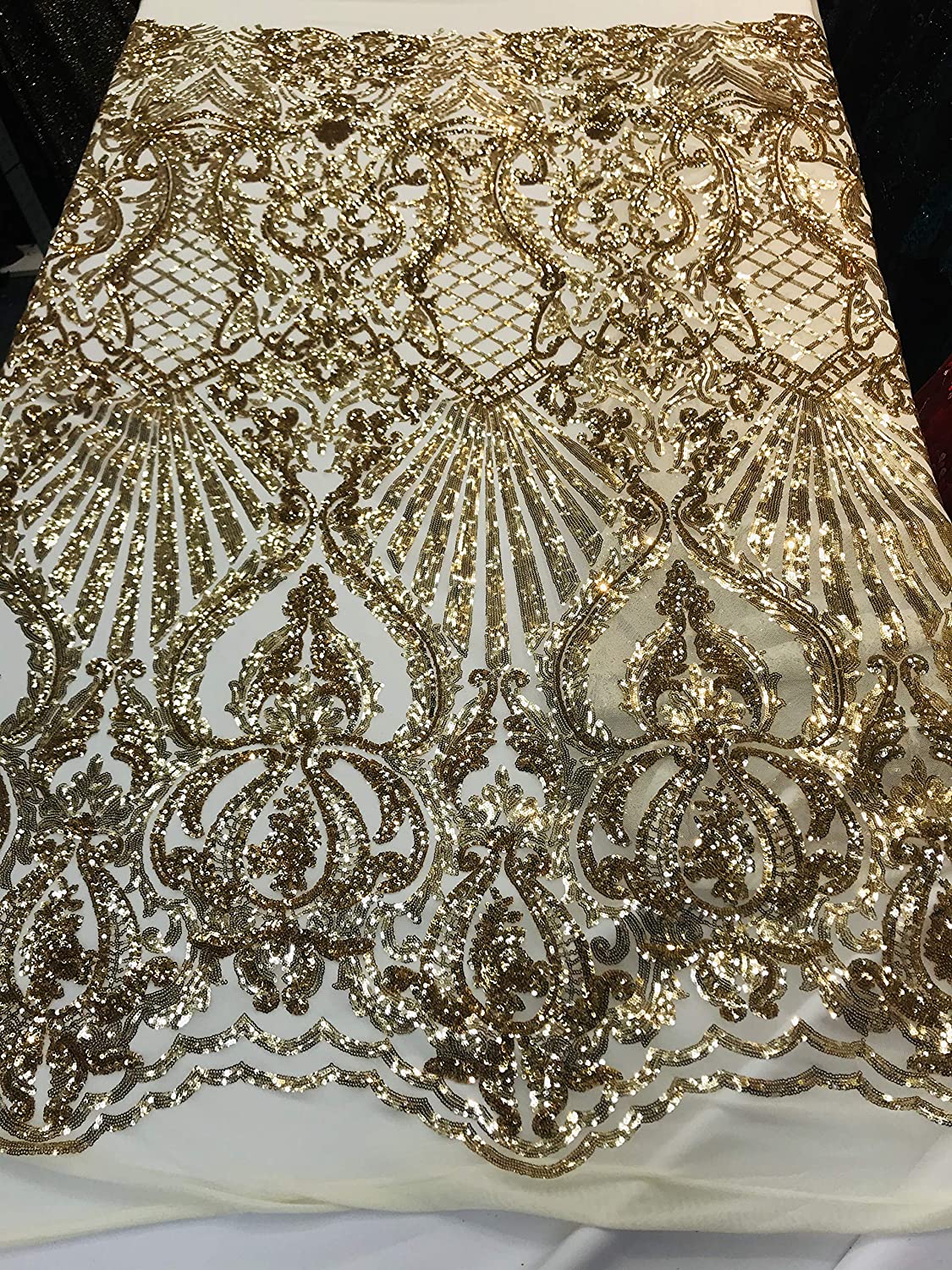 Damask Sequins Design on a 4 Way Stretch Mesh Fabric - for Night Gowns - Prom Dresses - (Gold, 1 Yard)