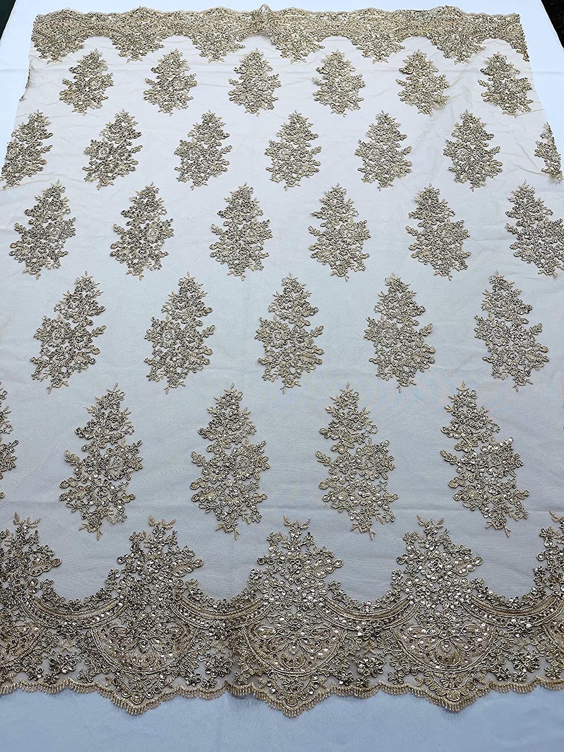52/58" Wide Lexxi Embroidered with Clear Sequins On A Mesh Lace Fabric, Prom Fabric by The Yard (1 Yard, Champagne / Gold)