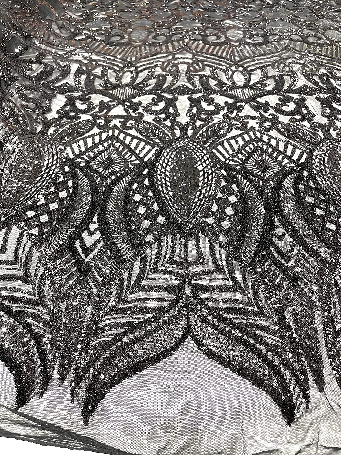 Iridescent Royalty Design On A 4 Way Stretch Mesh/Prom Fabric (1 Yard, Black on Black Mesh)