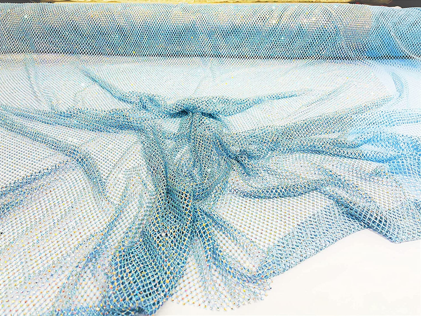 45" Wide AB Iridescent Rhinestone On Soft Stretch Fish Net Fabric by The Yard (1 Yard, Iridescent Rhinestones on Light Blue Mesh)