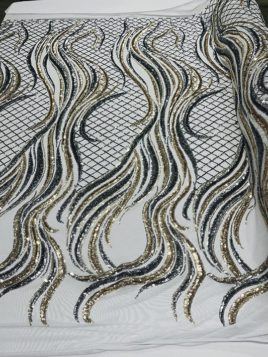 Sequin Flame Design On A 4 Way Stretch Mesh Fabric by The Yard (1 Yard, Gold/Silver)