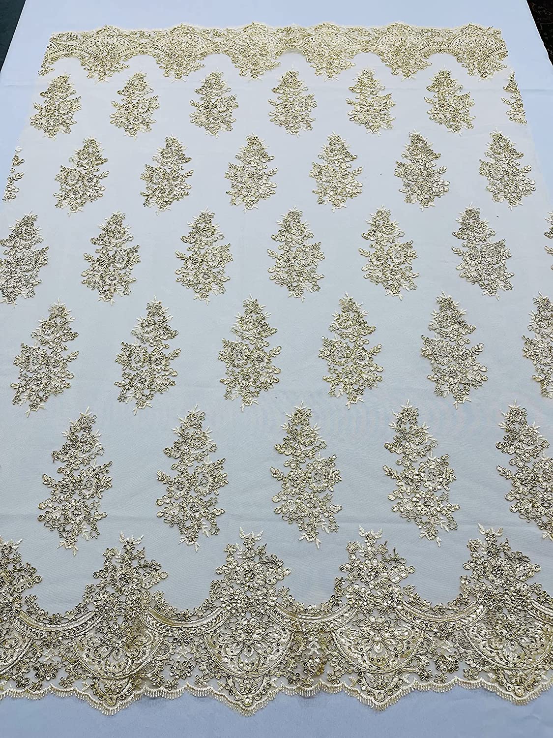 52/58" Wide Lexxi Embroidered with Clear Sequins On A Mesh Lace Fabric, Prom Fabric by The Yard (1 Yard, Gold)