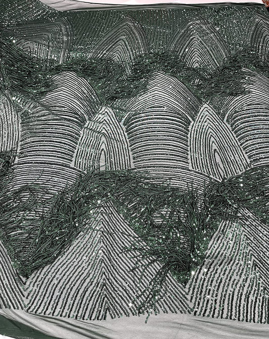 Fringe Sequins Design On A Black 4 Way Stretch Mesh Prom Fabric (1 Yard, Hunter Green)