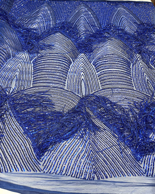 Fringe Sequins Design On A Black 4 Way Stretch Mesh Prom Fabric (1 Yard, Royal Blue)