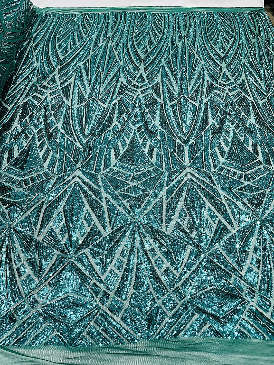 54" Wide Geometric Shiny Sequin Design on A 4 Way Stretch Mesh Fabric (1 Yard, Hunter Green)