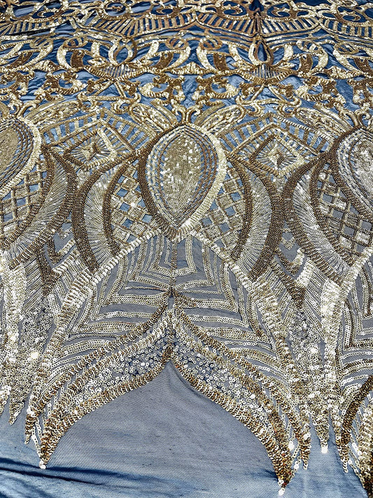 Iridescent Royalty Design On A 4 Way Stretch Mesh/Prom Fabric (1 Yard, Gold on Navy Blue Mesh)
