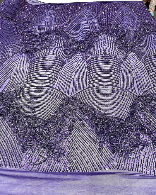 Fringe Sequins Design On A Black 4 Way Stretch Mesh Prom Fabric (1 Yard, Purple)