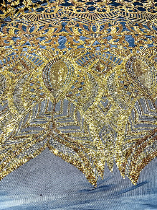Iridescent Royalty Design On A 4 Way Stretch Mesh/Prom Fabric (1 Yard, Dark Gold on Black)