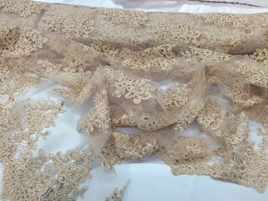 Champagne flower lace corded and embroider with sequins on a mesh. Wedding/bridal/prom/nightgown fabric sold by the yard