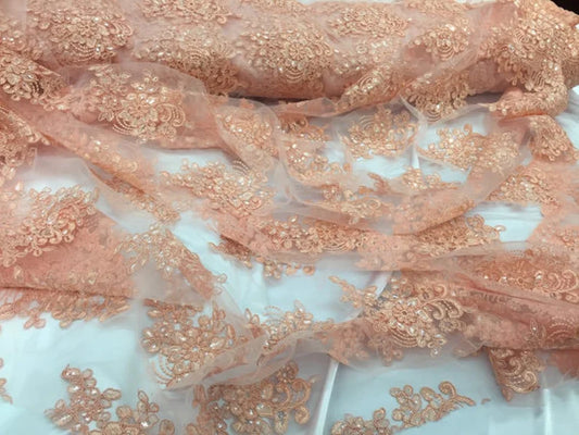 Peach flower lace corded and embroider with sequins on a mesh.wedding/bridal/prom/nightgown fabric sold by the yard
