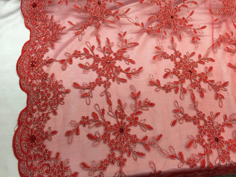 Red/silver snowflake flower design embroider with sequins on a mesh lace. bridal/prom/nightgown fabric sold by the yard