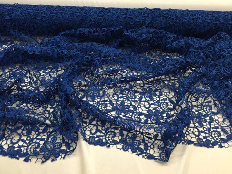 Royal blue paisley flower guipure, wedding/bridal/prom/nightgown fabric sold by the yard