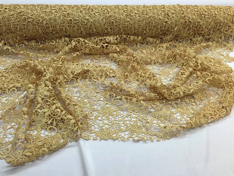 Gold paisley flower guipure, wedding/bridal/prom/nightgown fabric sold by the yard
