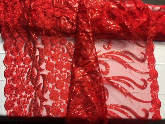 Red flower girl Embroider With Sequins On a Mesh Lace-prom-nightgown-dresses-decorations-sold by the yard