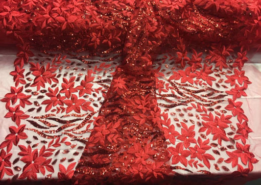 Red Autumn Dance Flower Embroider With Sequins On A Mesh Lace By The Yard