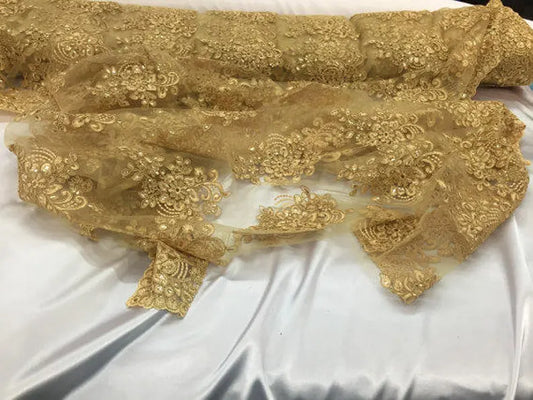 Gold flower lace corded and embroider with sequins on a mesh. Wedding/bridal/prom/nightgown fabric sold by the yard