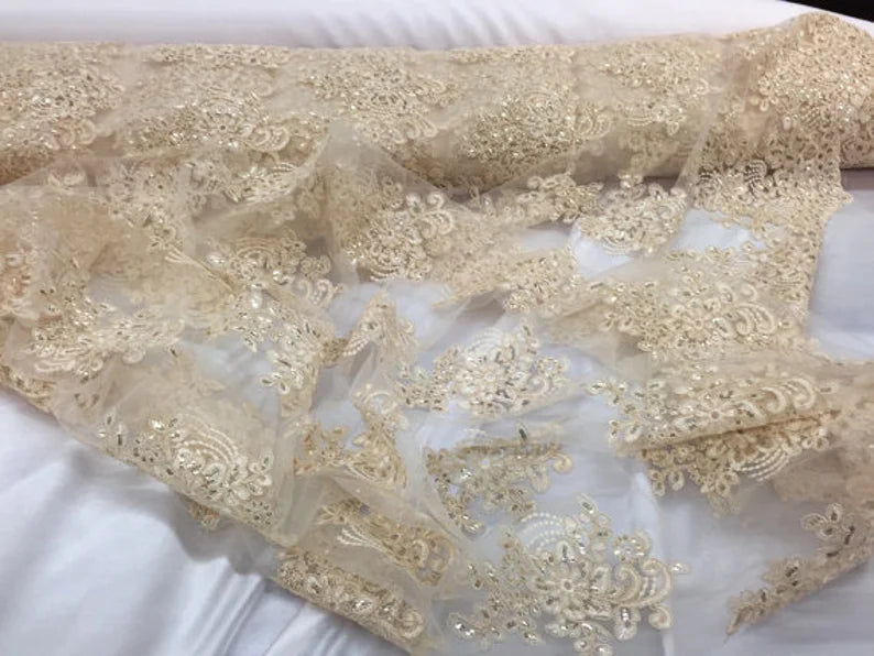 Beige flower lace corded and embroider with sequins on a mesh. Wedding/bridal/prom/nightgown fabric sold by the yard