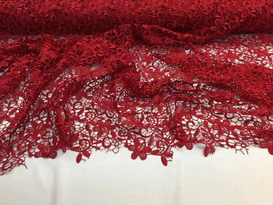 Red paisley flower guipure, wedding/bridal/prom/nightgown fabric sold by the yard