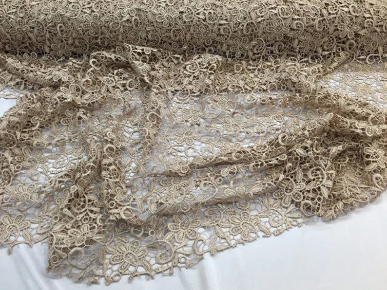 Taupe paisley flower guipure, wedding/bridal/prom/nightgown fabric sold by the yard