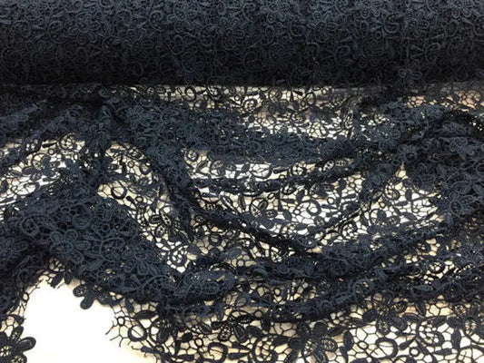 Navy blue paisley flower guipure, wedding/bridal/prom/nightgown fabric sold by the yard