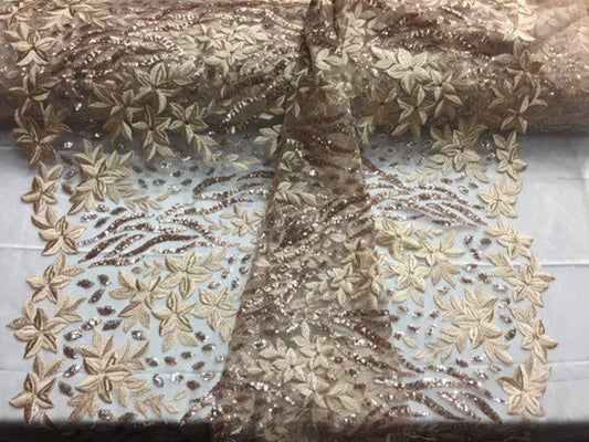 Rose Gold Autumn Dance Flowers Embroider With Sequins On a Mesh Lace -By The Yard