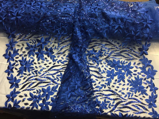Royal blue Autumn Dance Flowers Embroider With Sequins On A mesh lace sold by the yard