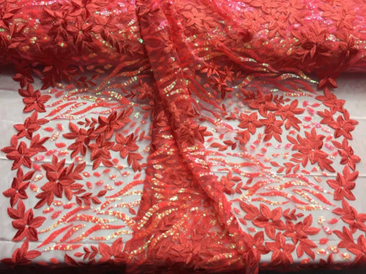 Coral hologram Autumn Dance Flowers Embroider With Sequins On a Mesh Lace sold by the yard