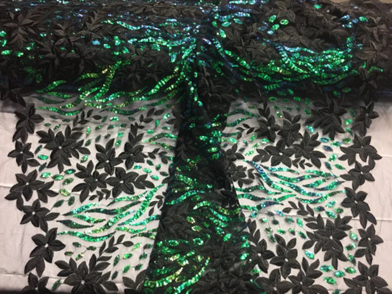 Black green Autumn Dance Flowers Embroider With Sequins On A mesh lace sold by the yard