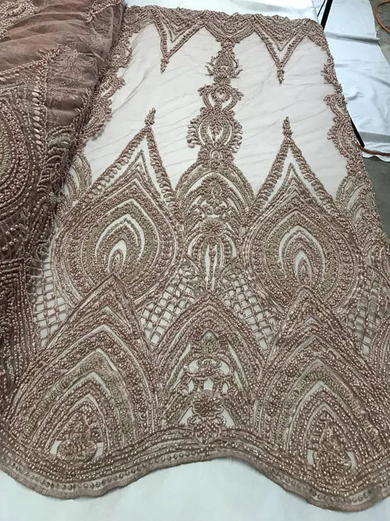 Geometric Diva Heavy Beaded On Mesh Fabric By The Yard Used For -Dress-Accessories-Bridal-Nightgown-Prom [Dusty Rose]