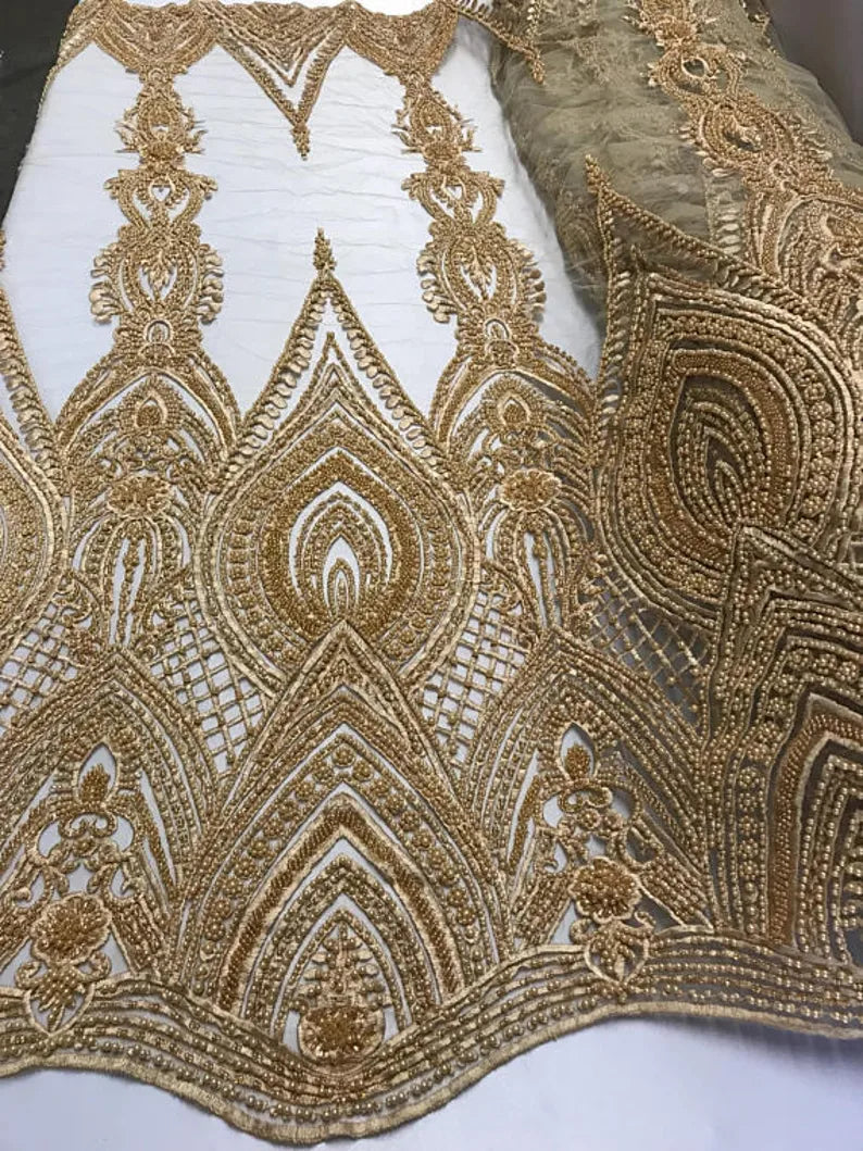 Geometric Diva Heavy Beaded On Mesh Fabric By The Yard Used For -Dress-Accessories-Bridal-Nightgown-Prom [Gold] FREE SHIPPING!!!