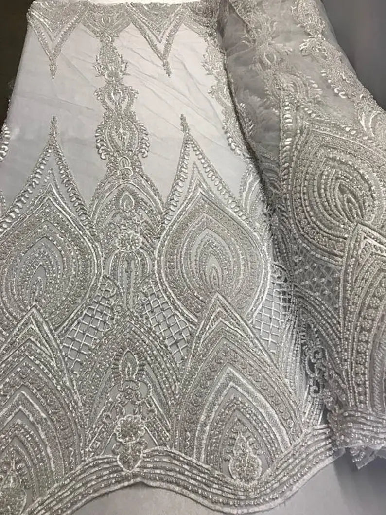 Geometric Diva Heavy Beaded On Mesh Fabric By The Yard Used For -Dress-Accessories-Bridal-Nightgown-Prom [White]