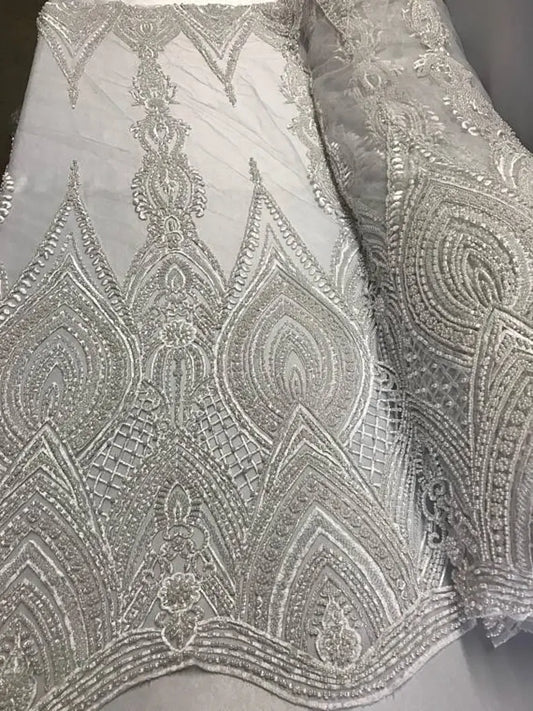 Geometric Diva Heavy Beaded On Mesh Fabric By The Yard Used For -Dress-Accessories-Bridal-Nightgown-Prom [White]