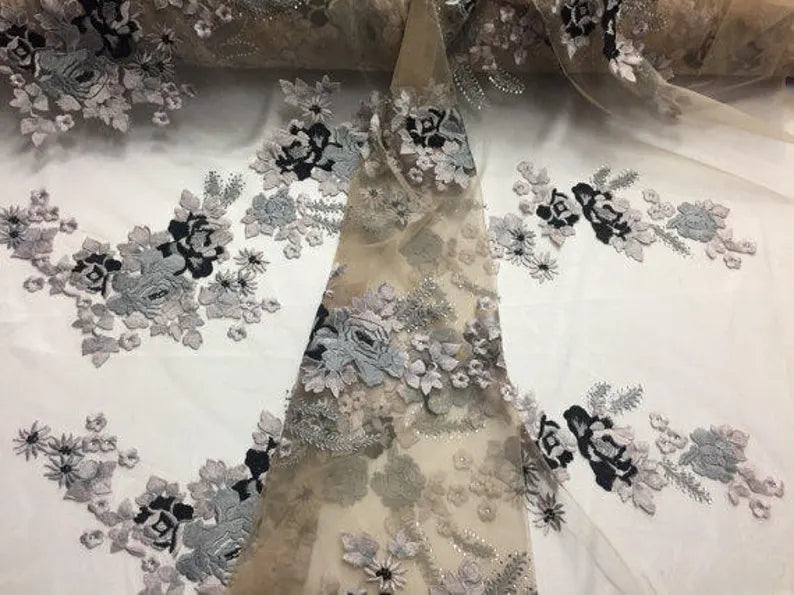 Oriental Floral Embroidered On A Nude Mesh Fabric By The Yard Used For -Dress-Accessories-Rhinestones [Gray Multi-Color]