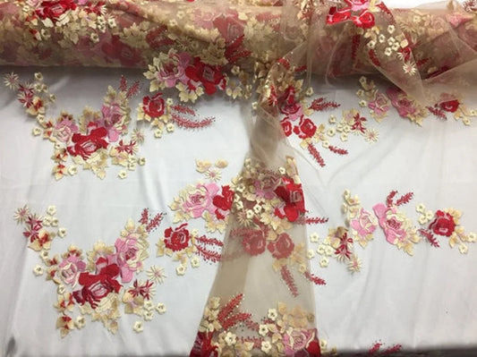 Oriental Floral Embroidered On A Nude Mesh Fabric By The Yard Used For -Dress-Accessories-Rhinestones [Red Multi-Color]