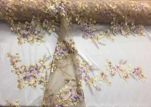 Oriental Floral Embroidered On A Nude Mesh Fabric By The Yard Used For -Dress-Accessories-Rhinestones [Yellow Multi-Color]